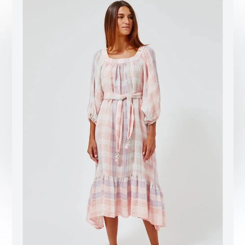 Lisa Marie Fernandez Laure Madres Multi Plaid Linen Gauze Midi Dress Size 0